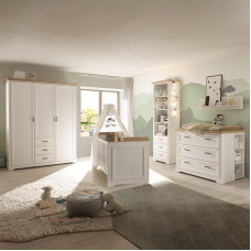 Lomadox Baby Room Set 5 Pieces Wardrobe Cot Changing Table Standing Shelf Wall Shelf Country House Style Pine White with Oak