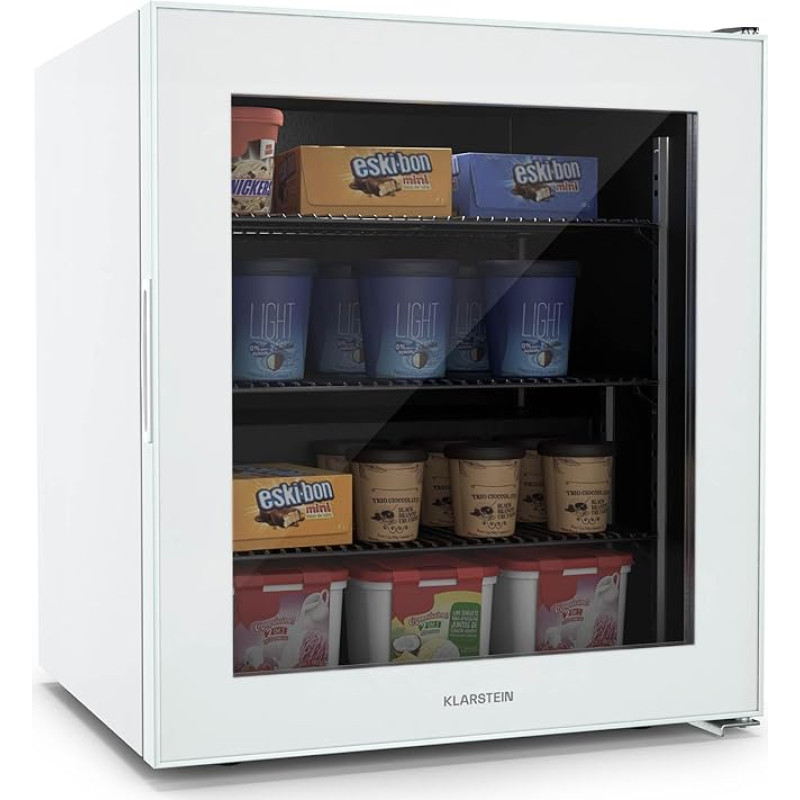 Klarstein IceAge 88 Mini Freezer, 88 L, Temperature 0 to -18 °C, LED Interior Lighting, 3 Shelves, Energy Efficiency E, Compact & Economical, Small Freezer, White