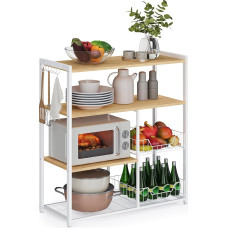 VASAGLE KKS096W09 Köögiriiul, seisev riiul 2 metallkorviga, pagaririiul konksude ja riiulitega, mikrolaineahjuriiul, 35 x 80 x 95 cm, hele pähkelpuu pruun/valge