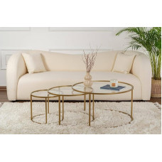 Dmora - 3 Carugate kohvilaudade komplekt, madal elutoa laud, kohviriiul, kohvilaud diivanile, 80 x 80 cm, kõrgus 43 cm, kuldne ja läbipaistev