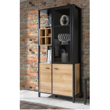 Forte HIGH ROCK vitriinkapp 90 Vitriinkapp 2 ukse ja 1 klaasuksega, seisev vitriinkapp, tööstuslikus stiilis vitriinkapp, puukomposiit, Riviera tammepuidust dekoor/must, 86,3 cm laiuselt