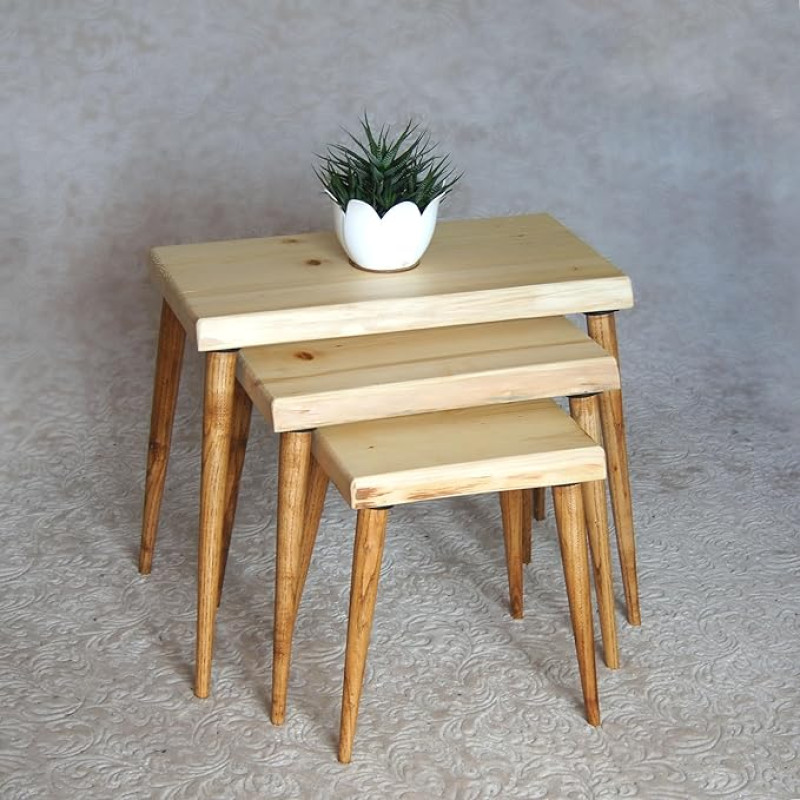 Massivholz 3-teiliges Nisttisch-Set - Rustikale handgefertigte Beistelltische aus Holz für Wohnzimmer, Couchtische & platzsparende Möbel