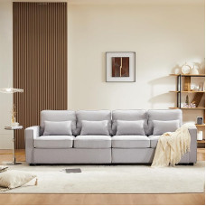 4-kohaline kaasaegne diivan linasest kangast, neljakohaline diivan koos käetugede taskute ja 4 padjaga, kaasaegne diivan, lihtne stiil, sobib elutuppa, koju, kontorisse, 3 värvitooni diivanitele (hall)