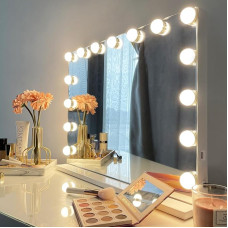 iCREAT Hollywoodi jumestuspeegel 15 timmitava lambiga Suur 58 x 46 cm kosmeetikapeegel koos valgustusega Intelligentne puuteekraaniga heleduse reguleeritav teatripeegel Lauapeegel