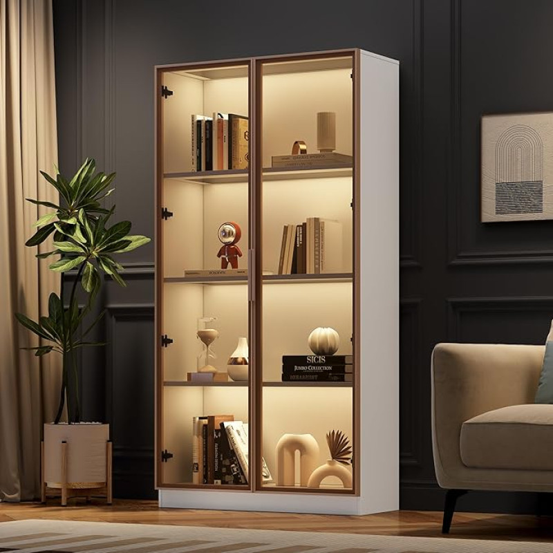 Merax klaasist vitriinkapp LED-valgustusega, seisev vitriinkapp 3 reguleeritava kõrgusega riiuliga, kaheukseline kõrge kapp elutuppa/magamistuppa/kontorisse, valge, 80 x 40 x 160 cm.