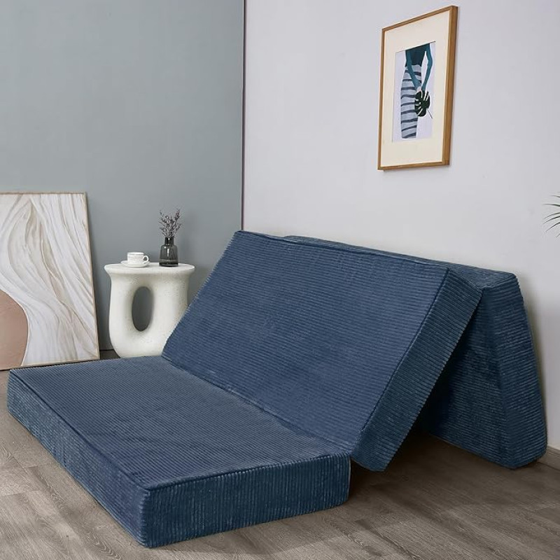 MAXYOYO kokkupandav Corduroy madrats, kolmekordne põrandamatt, 10 cm paks, pestava kattega, kokkupandav kolmes osas, ruumi säästev külalistele (Bluestone, King)