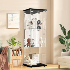 QMTXBYJ Klaasist vitriinkapp LED-valgustusega, 125 x 43 x 37 cm, kaasaegne vitriinkapp 3 riiuliga, 1 uks, klaasist kapp, karastatud klaasist ja puidust seisev vitriinkapp, elutoa jaoks