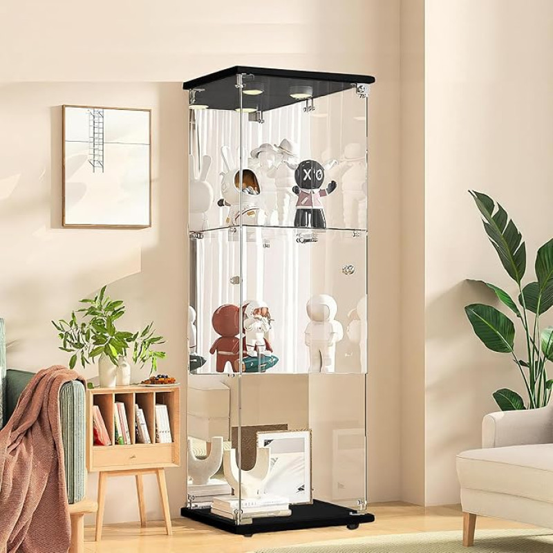 QMTXBYJ Klaasist vitriinkapp LED-valgustusega, 125 x 43 x 37 cm, kaasaegne vitriinkapp 3 riiuliga, 1 uks, klaasist kapp, karastatud klaasist ja puidust seisev vitriinkapp, elutoa jaoks