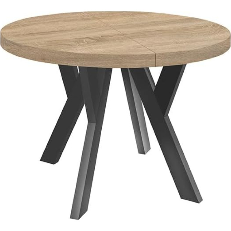 Dekori Möbel Pero ümmargune pikendatav söögilaud puidust jalgadega Loft stiilis Skandinaavia diameeter 90-220 cm (Sonoma Tamm/must, 90/190 cm)