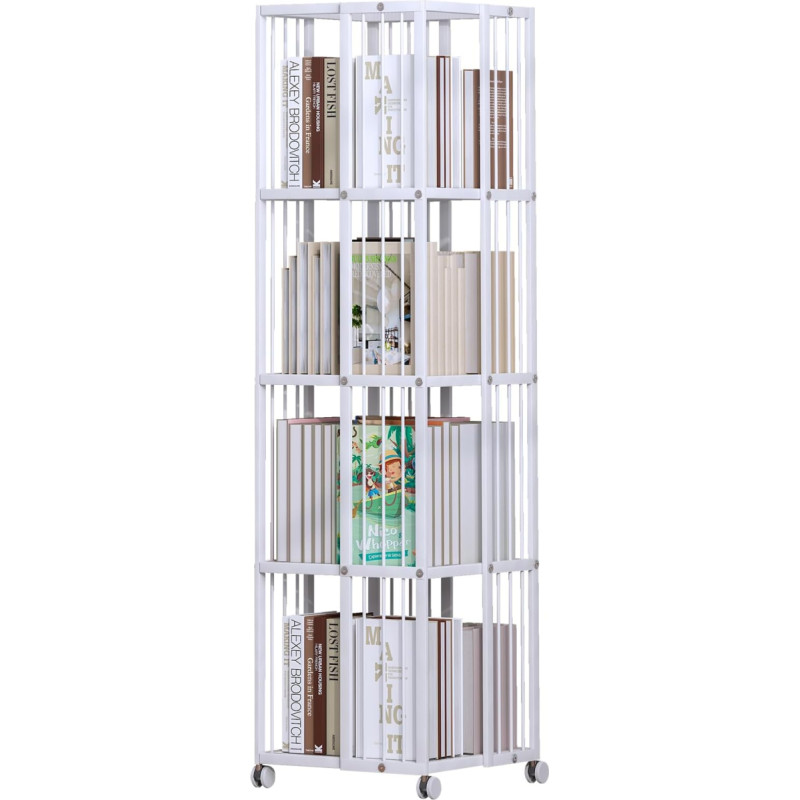 Huhote pöörlev raamaturiiul, valge, 5-tasandiline metallist raamaturiiul, 360° kuupmeetri raamaturiiul väikese ruumi jaoks koos hoiustamise ja loominguliste mitmekihiliste riiulitega, ajakirjade ja raamatute jaoks magamistoas, elutoas, tööruumis ja kabine