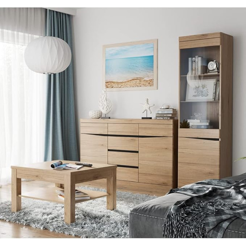 Lomadox elutoa mööblikomplekt 3-osaline küljepaneel, vitriinkapp koos valgustusega, kohvilaud 75 x 75 cm Tamme Wenge Nb. Käepidemevaba kaasaegne