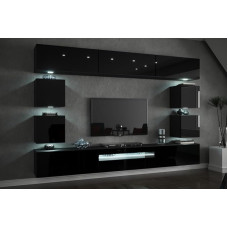 Modernes Wohnzimmermöbel-Set mit LED-Beleuchtung, TV-Schrank mit Push-to-Open-Schränken, 257 x 184 x 35 cm, Schwarz glänzend