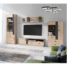 Elutoa mööblikomplekt koos madala laua, 2 vitriinkapi ja seinariiuliga, süsihappegaasist tammepuust aktsendid, kaasaegne 4-osaline mööblikomplekt