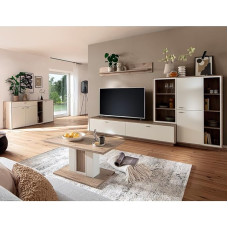 Wohnmöbel Set Wohnwand Eiche weiß 5-teilig modern, 1 Sideboard, 1 Wandboard, 1 Lowboard, 1 Highboard, 1 Couchtisch