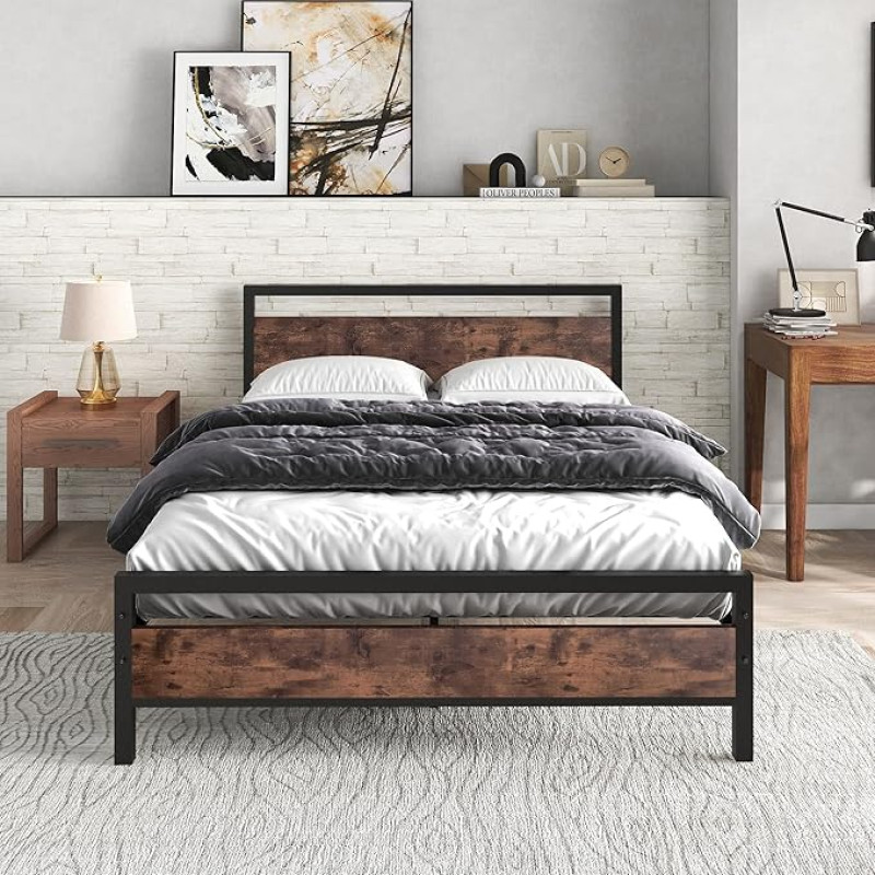 JURMERRY metallist platvormvoodiraam 120 x 200 cm puidust pea- ja jalatoega, tugevast terasest tugi, madratsi alus, ei vaja kastivedrusid, lihtne kokkupanek, must