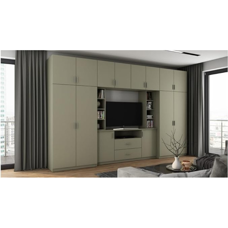 e-Meblast Dako - 3-osaline seinakapp - 380 x 240 x 54 cm - elutoa seinakapp - TV kapp - elutoa kappide komplekt - seinariiulid - ülakapid - riiulid - sahtlid - riidekraam - PVC serv (Eukalüpt)