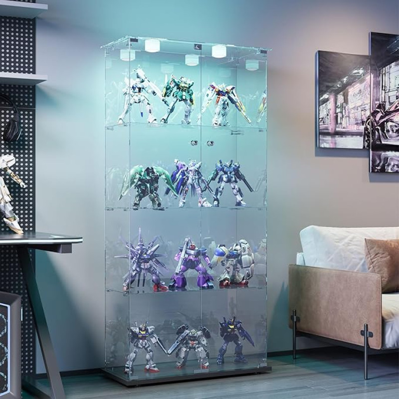 KeepGoon 4-kihiline klaasist kollektsioonikapp Klaaskapp 4 riiuli ja 2 uksega LED-valgustusega Klaaskapp, mis sobib elutuppa magamistuppa kontorisse