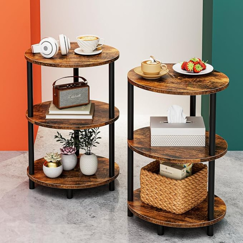 RISWER Väike ümmargune küljelaud - 3-tasandiline ovaalne aktsentlaud väikestesse ruumidesse, rustikaalne puidust ja metallist kohvipoolne küljelaud magamistoa või otsa laud, elutuba