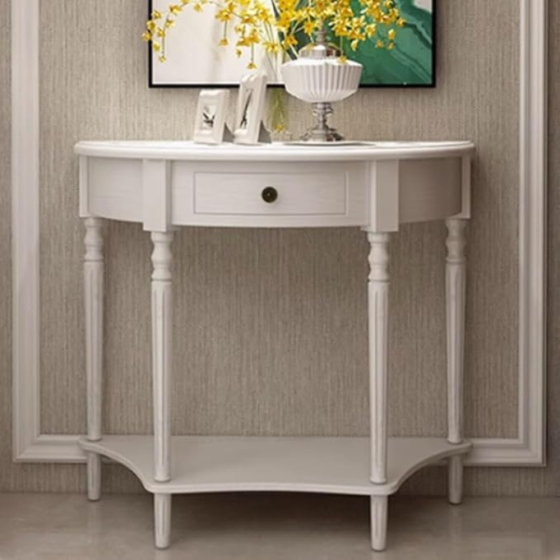 Weißer Halbmond-Konsolentisch, schmaler Eingangstisch aus Massivholz mit Schublade, Retro-Sofa-Akzenttisch, Ablageregal für Foyer, Flur, 35,4