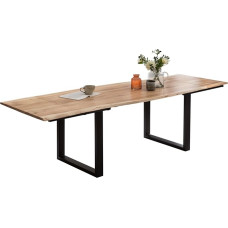 SAM Adina Wane laud 140 (220) x 90 cm Akaatsiapuidust naturaalne ja massiivne söögilaud 2 kinnitusplaadiga, matt must U-metallist raam, plaat 26 mm