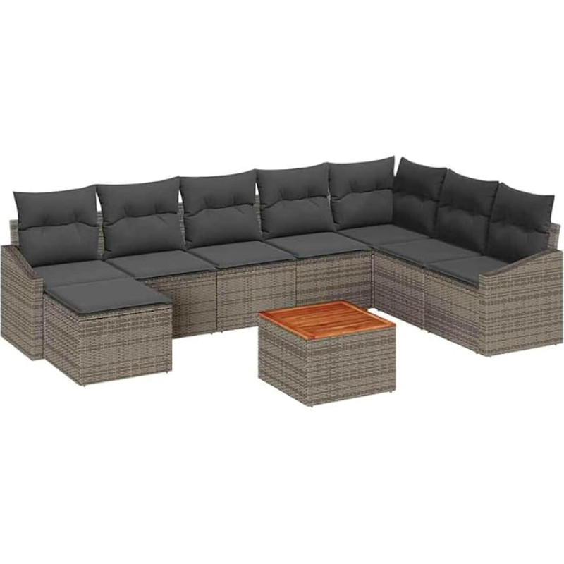 Rantry 9-teiliges Garten Sofa Set mit Kissen Grau Poly Rattan Akazie Gartenlounge Model3347867