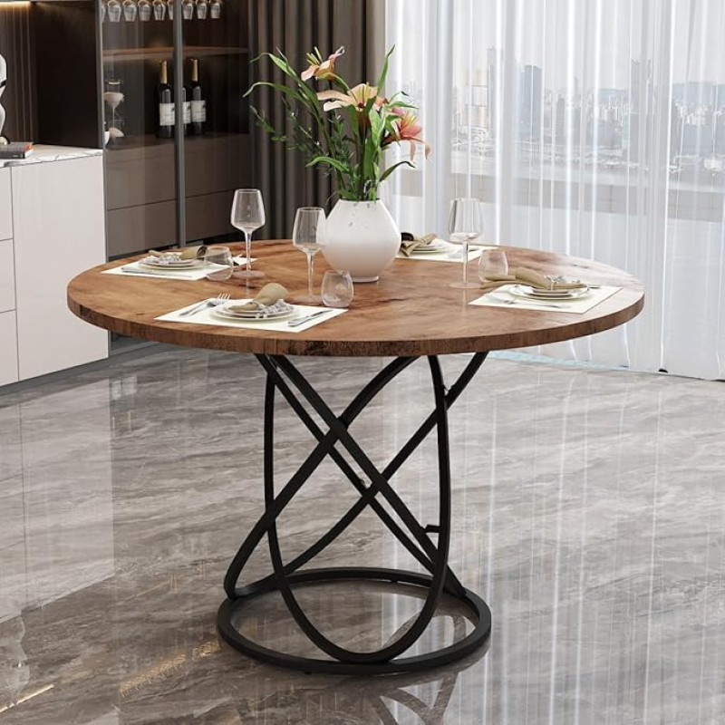 GOLDFAN Runder Esstisch 120 cm Holz Küchentisch für 6-8 Personen, Rustikaler Esszimmertisch mit schwarzen Metallbeinen für Esszimmer, Küche