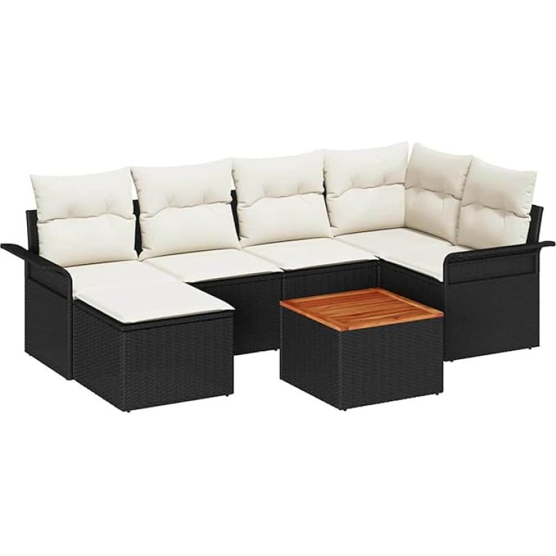 7-teiliges Garten Sofa Set mit Kissen Schwarz Poly Rattan Akazie, 2-Sitzer Garten Sofa mit Stauraum & Kissen Schwarz Poly Rattan Gartenlounge Model3356017