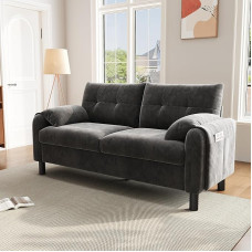 Kaasaegne 2-kohaline diivan, mugav polsterdatud diivan šenillkangast paksude padjadega, hubane diivan elutuppa, skandinaavia disainiga polsterdatud mööbel, hall