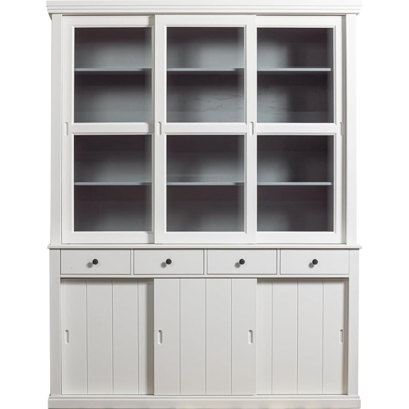 WOOOD Lagos vitriinkapp Valge männi puidust kõrghaljastusega kapp Elutoa kapp Söögitoa kapp klaasist ustega 214 x 166 x 48 cm