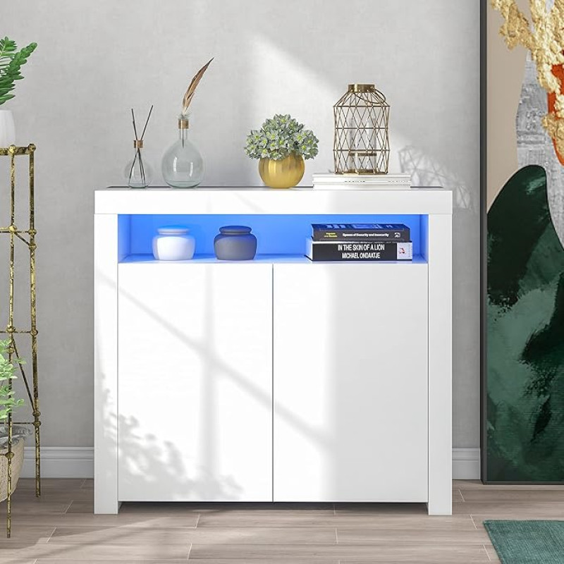 KAZZIO sahtli kapp Valge elutuba Sideboard Storage Cabinet High Gloss koos LED-valgusega Kaasaegne köögikapp Buffet Wood Storage Display Case TV Stand