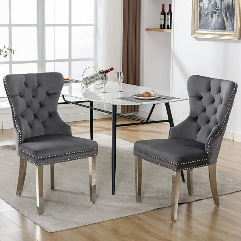 ModernLuxe söögitoa toolid 2 köögitoolist koosnev komplekt elutoa tool - polsterdatud tool uksepöördega, naelapeaga ja metalljalad, luksuslik sametkate, ergonoomiline seljatugi - Hall
