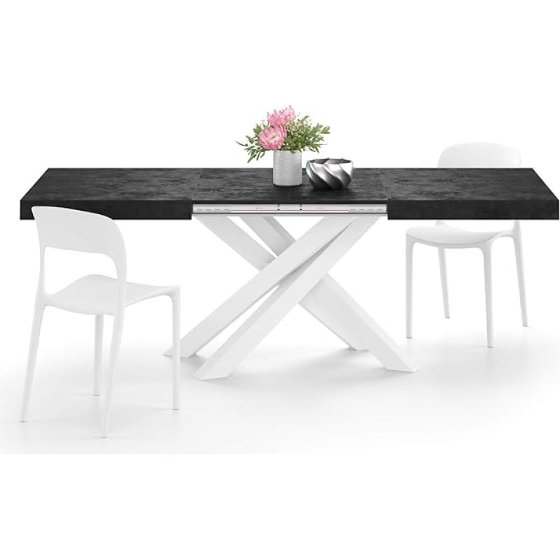 MOBILI FIVER, Emma 140 cm pikendatav laud, must betoon, valgete X-jalgadega, lamineeritud, raud, valmistatud Itaalias.