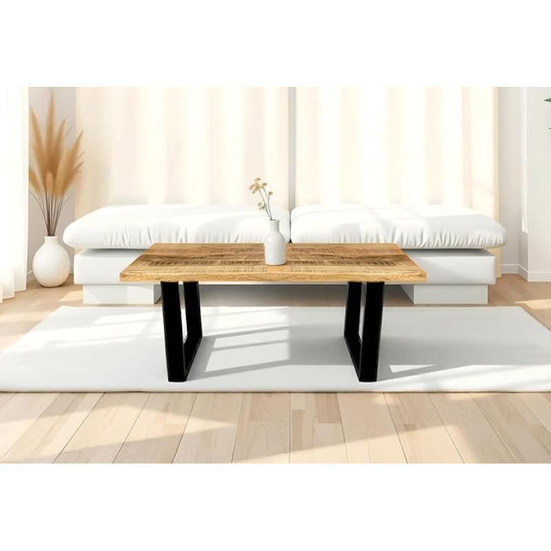 SAM Nayla kohvilaud 100 x 55 cm Mango täispuit Värv: naturaalne / Karge U-raamiga metallist must Lihtne hooldatav diivanilaud puust servaga