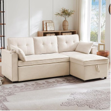 Gxffipw Nurgadiivan magamisfunktsiooniga ja voodikastiga, 3-kohaline diivan joogihoidja ja padjaga, diivanvoodi diivan L-kujuline koos hoiuruumiga, elamismaastiku L-kujuline, beež, linane