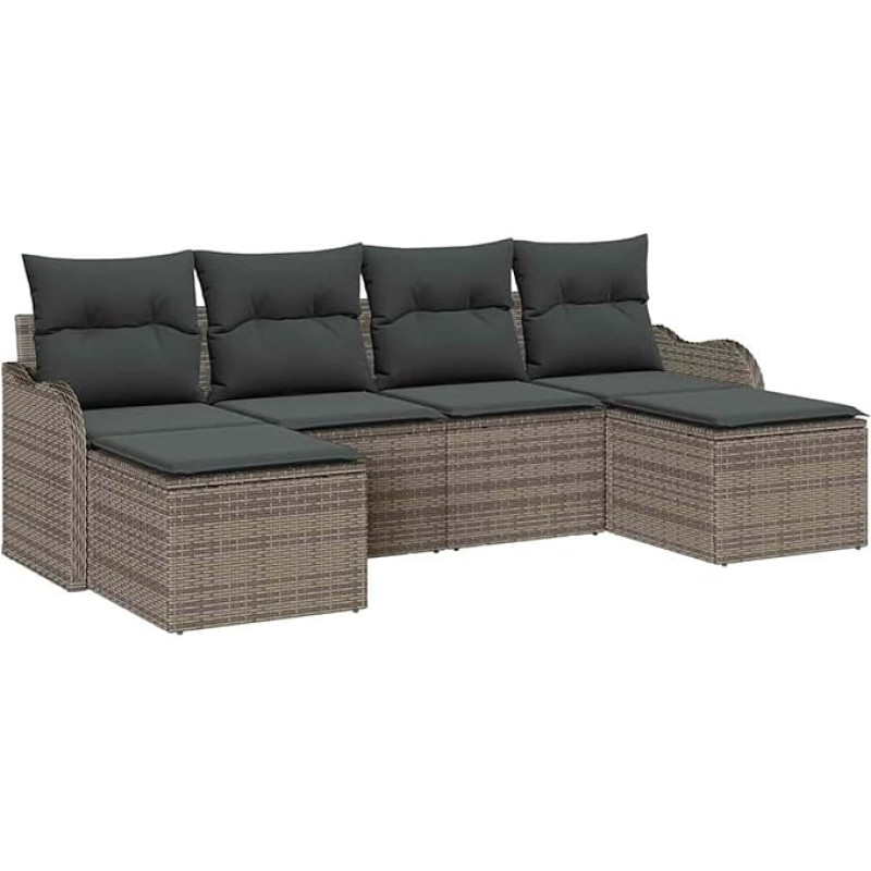 Rantry 6-teiliges Garten Sofa Set mit Kissen Grau Poly Rattan, 2-Sitzer Garten Sofa mit Kissen Grau Poly Rattan Gartenlounge Model3345809