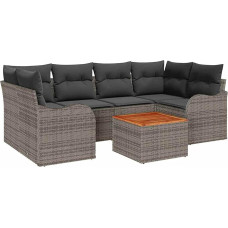 Rantry 7-teiliges Garten Sofa Set mit Kissen Grau Poly Rattan Akazie, 2-Sitzer Garten Sofa mit Kissen Grau Poly Rattan Gartenlounge Model3347405