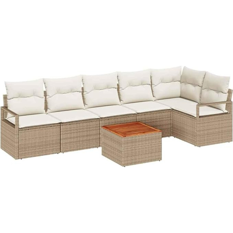 7-teiliges Garten Sofa Set mit Kissen Beige Poly Rattan Akazie, 2-Sitzer Garten Sofa mit Kissen Beige Poly Rattan Gartenlounge Model3347715