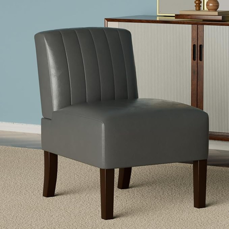 Armless Accent Chairs, pehmendusega söögitoolid, elutoa toolid täispuidust jalgadega, nahast lugemistool täiskasvanutele, mugav tool magamistuppa, vanity, kööki (Asfalt)
