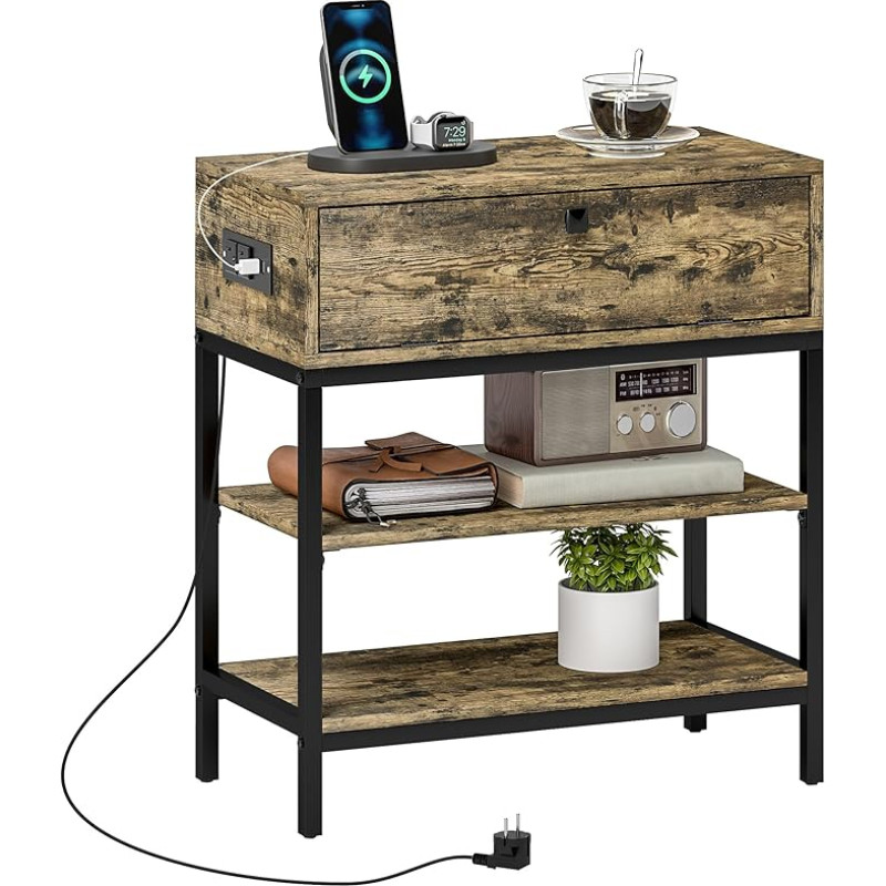 HOMCOM elutoa laud 2 vahelduvvoolu ja 2 USB pordiga, puitlaastplaadist ja metallist küljelaua sahtli ja 2 avatud riiuliga tööstuslikus stiilis, 60 x 30 x 66,5 cm, must ja pruun