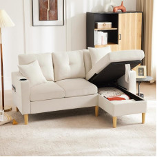 Magamisfunktsiooniga diivan, L-kujuline diivan, 3-kohaline diivan koos Chaise Longue'ga, hoiuruumiga, joogihoidjaga, kaasas 2 padjaga elutuppa, kontorisse, koju (valge)