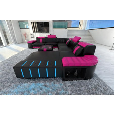 Wohnlandschaft Bellagio XXL nahast diivan peatugedega, nahast diivan, LED valgusega diivan koos Osmaniga (Osman paremal, must/roosa)