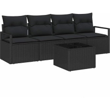 Rantry 5-teiliges Garten Sofa Set mit Kissen Schwarz Poly Rattan, 2-Sitzer Garten Sofa mit Kissen Schwarz Poly Rattan Gartenlounge Model3346253