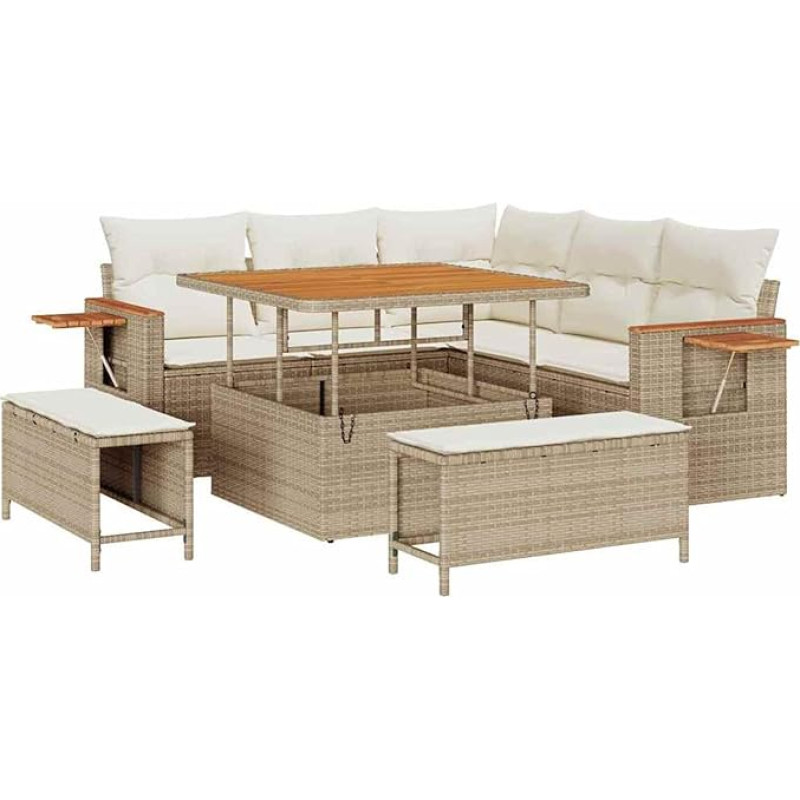 Rantry 8-teiliges Garten Sofa Set mit Kissen Beige Poly Rattan Akazie Gartenlounge Model3365116