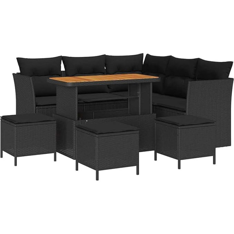 Rantry 9-teiliges Garten Sofa Set mit Kissen Schwarz Poly Rattan Akazie, 4-teiliges Garten Esstisch Set mit Kissen Schwarz Poly Rattan Akazie Gartenlounge Model3361489