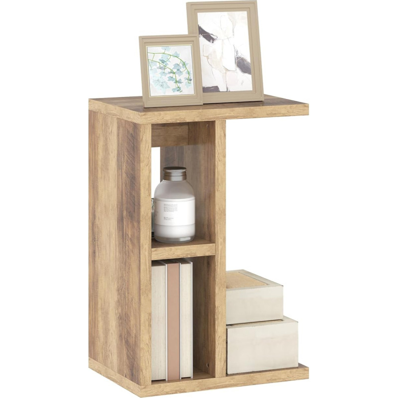 HOMCOM C-Tisch mit 3 Ablagen und 2 offenen Fächern, Couchtisch für Wohnzimmer und Schlafzimmer, 40x29,8x60 cm, pruun, platzsparend