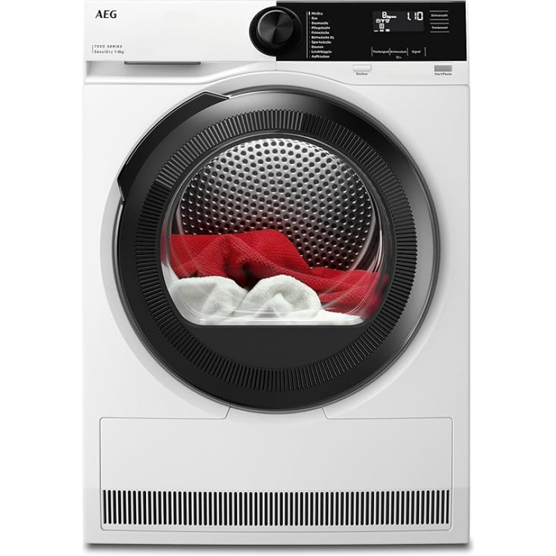 AEG Heat Pump Dryer 8 kg, Series 7000: SensiDry Gentle & Energy-Saving Drying Process, Energy Class C, Automatic Volume, Gentle Drum, Changing Direction of Rotation, Wrinkle Protection, TR7T65680