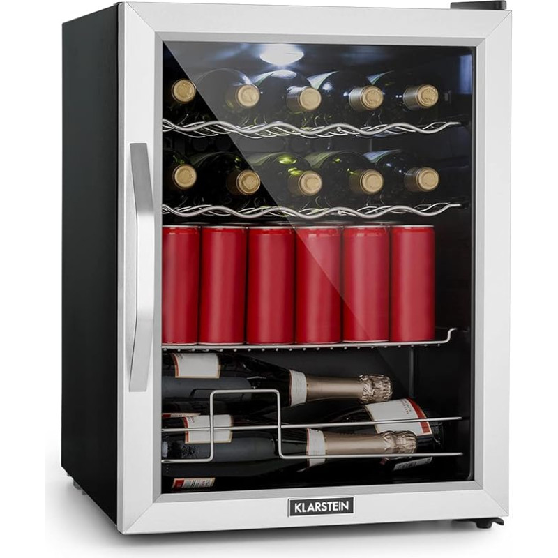 Klarstein Mini Fridge with Glass Door, for Room, Drinks Fridge Small with Adjustable Shelves, with Waveform Racks, 60 Litres, Quiet