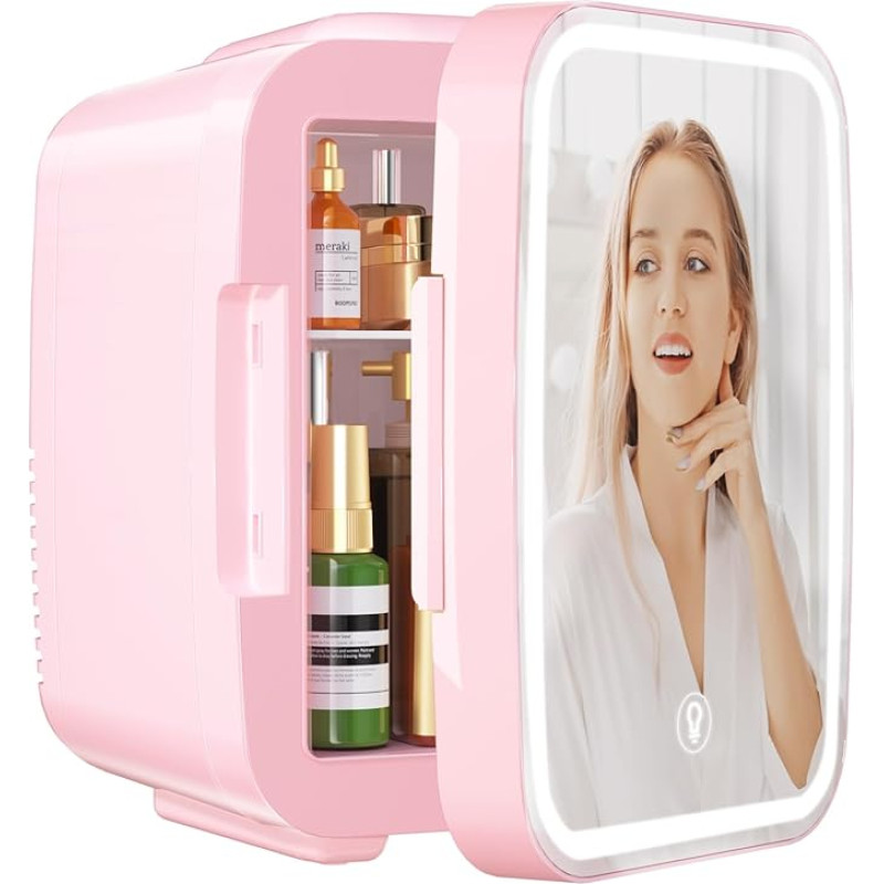 YASHE Mini Fridge Bedroom Skincare with LED Mirror Small Fridge 4L Portable Thermoelectric Heater & Cooler 220V AC/12V DC for Car Office Dormitory (Pink)