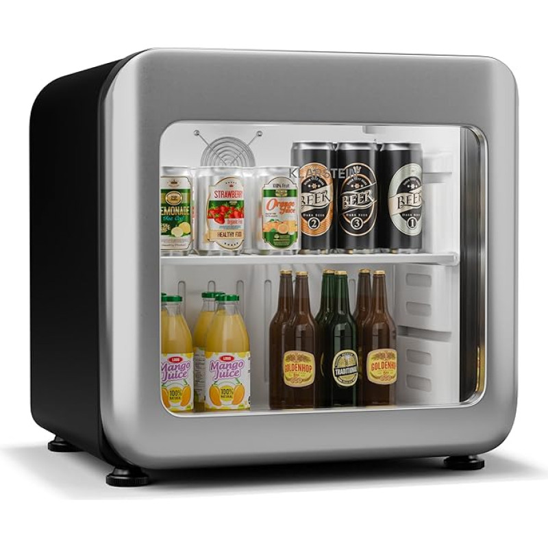 Klarstein Audrey Evo Drinks Fridge with Glass Door - 46L Mini Fridge Retro Design Double Glazed Door LED Lighting 0-10°C Energy Class C Silver