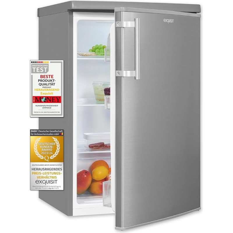 Exquisit Refrigerator KS16-V-H-040E inoxlook | Standing Unit | 127 L Volume | Inoxlook | Glass Shelves and Vegetable Compartment | Lighting | Door Shelves | Door Hinge Changeable